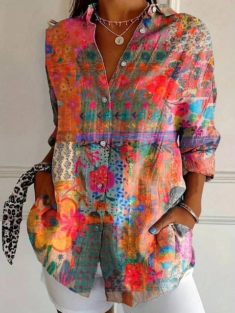 Linglong hemp long shirt women's long-sleeved shirt printing pattern m303195