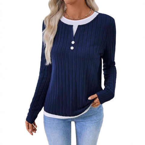 Fake two-piece crew neck button pullover polished long-sleeved T-shirt m302169