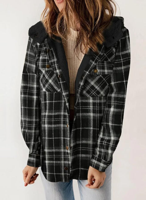 Women's plaid jacket long-sleeved hairy hooded jacket jacket with pockets m302153