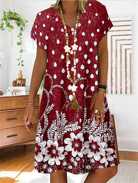 Women's V-neck printed medium and long short-sleeved dress m300932