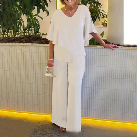 Set Solid color V-neck irregular hem casual set m301319