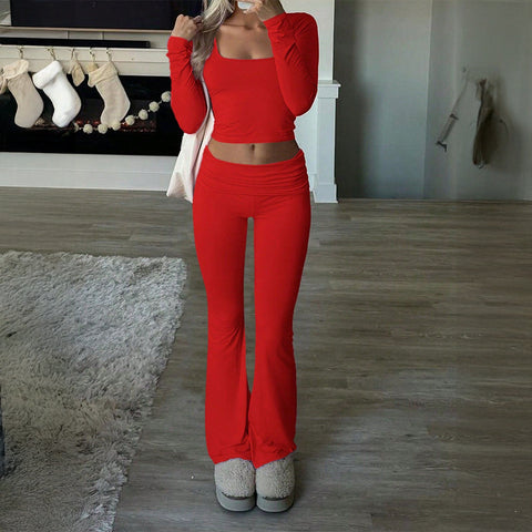 Solid color casual knitted long-sleeved top yoga suit two-piece pants set m301815