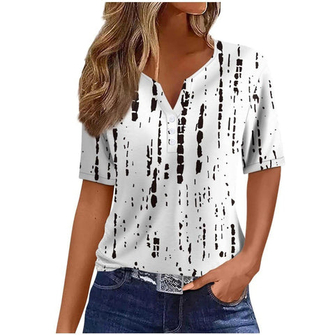 Women's T-shirt V-neck three-button 3D printing short sleeve m300477