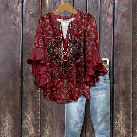 Digital printing casual trend V-neck lotus edge T-shirt women's m302725-2