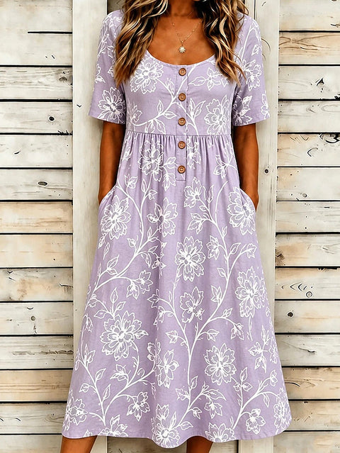 Casual round neck pullover short sleeve printed pleated waist pendulum skirt m303081