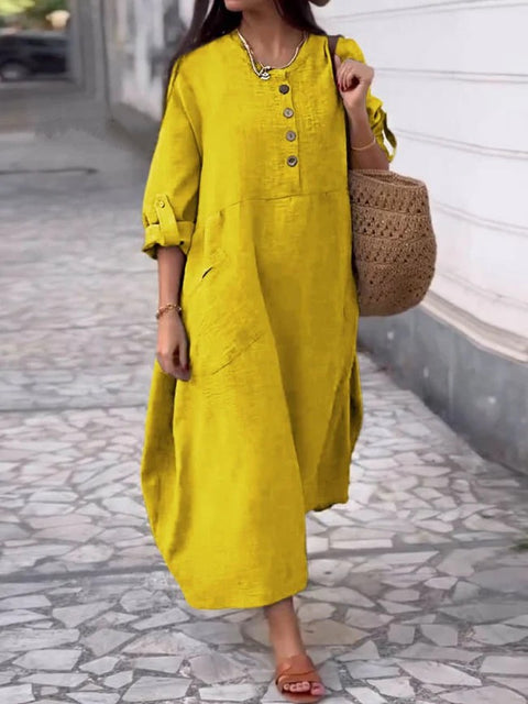 Women's Solid Color Crew Neck Cotton and Linen Long Sleeve Casual Double Pocket Button Long Dress m302717