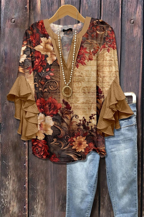 Digital printing casual trend V-neck lotus edge T-shirt women's m302725-2