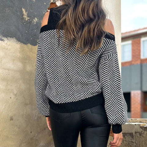 Striped sweater women's semi-turtleneck fashion pullover cold shoulder knitted sweater m300853