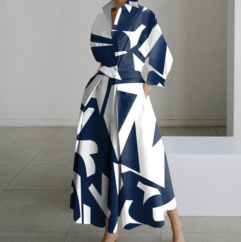 Fashion Long Sleeve V-neck Printing Dress M300331