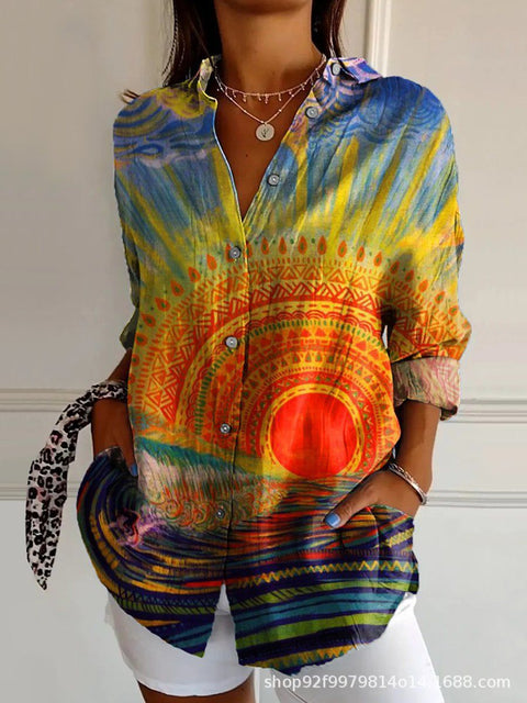 Linglong hemp long shirt women's long-sleeved shirt printing pattern m303195