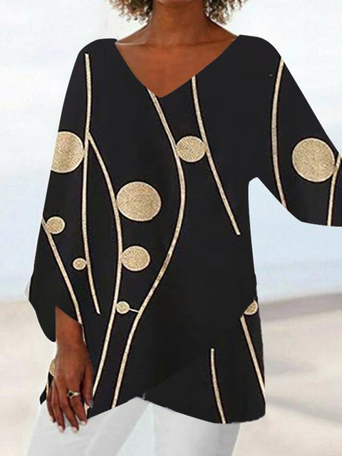 Women's printed animal natural scenery V-neck nine-quarter sleeve loose T-shirt m301289