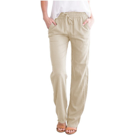 Solid color cotton and linen loose drawstring casual wide-leg trousers women's m301572