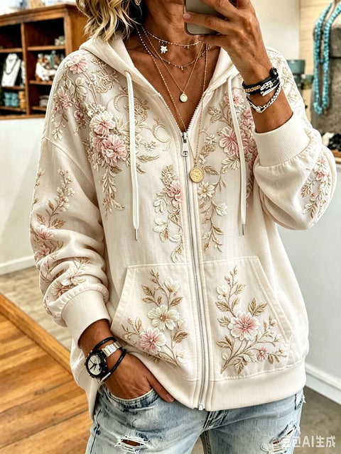 Sequin floral elements 3D digital printing loose casual hooded sweater m303215