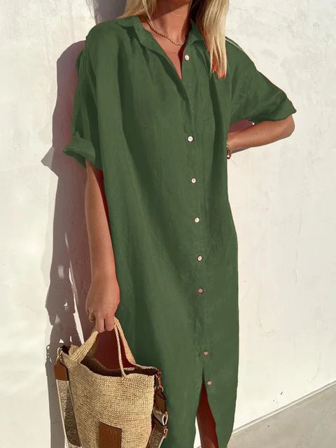 Elegant Casual Loose Short Sleeve Button Cotton and Linen Long Pocket Shirt Dress m301256