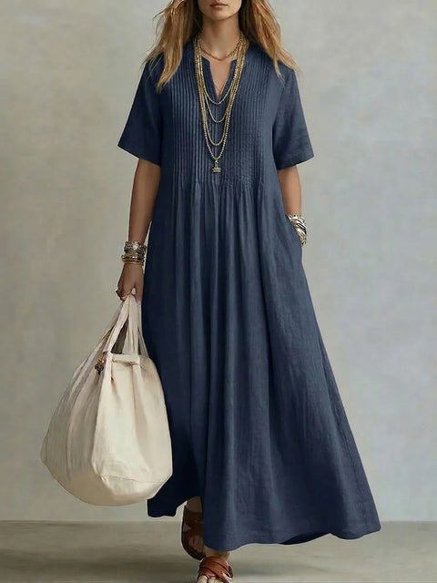 Ladies casual loose V-neck short-sleeved pleated cotton and linen dress m303244