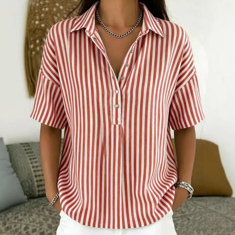 Women's fashion casual striped short-sleeved shirt lapel m302741