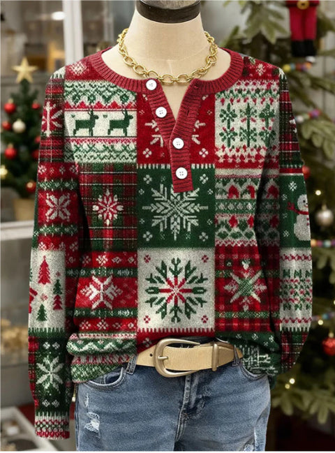 Vintage 3D digital printing four-button stand-up collar Polo sweater women m302158