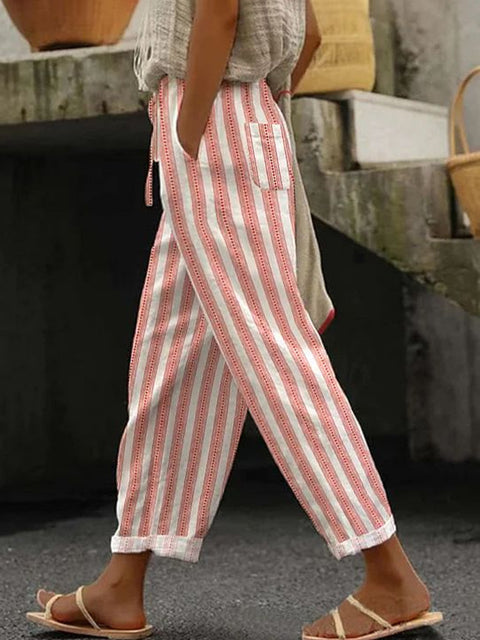 Regular drawstring pocket slacks multi-color digital print women's trousers m301434