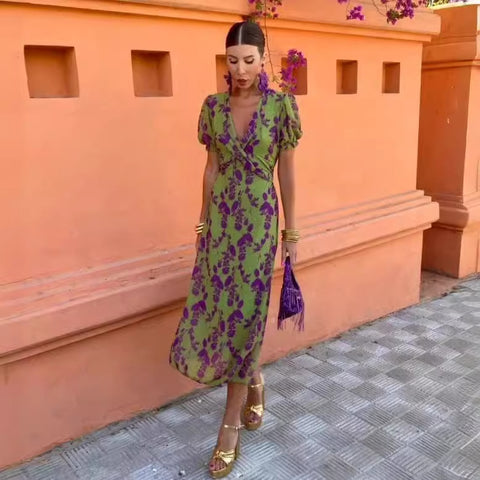 Women's fashion pleated print long dress elegant slim V-neck short-sleeved dress m301336