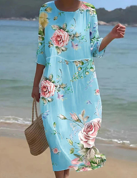Loose crew neck fashion high-end long-sleeved printed dress m301053