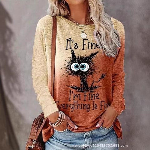 Pet cat gradual change color 3D printing long sleeve T-shirt round neck T-shirt m302928