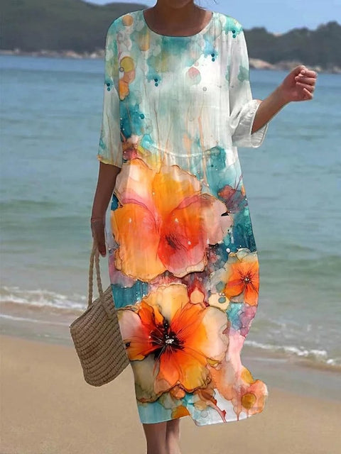 Loose Crew Neck Fashion Premium Long Sleeve Printed Dress m301045