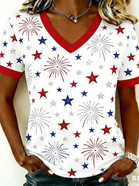Women's short-sleeved Independence Day commemorative elements retro digital printing T-shirt m302361