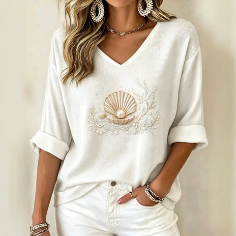 Shoulder V-neck long-sleeved pullover print women's T-shirt m303200