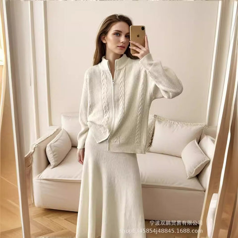 Loose knitted suit women's autumn and winter new zipper cardigan sweater + fishtail skirt m301789