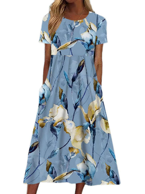 Damen Rundhals Kurzarm Langes Kleid Bohemian Kleid m302895