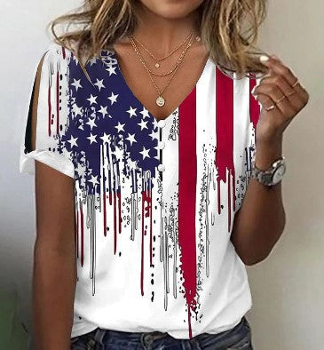 3D printed V-neck button-up T-shirt top daily short-sleeved m301263