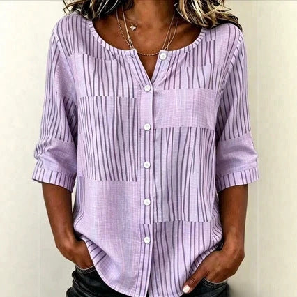 Cotton and linen shirt round neck seven-quarter sleeve single-breasted casual top m303032