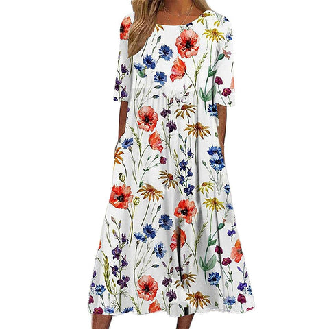 Damen Rundhals Kurzarm Langes Kleid Bohemian Kleid m302895