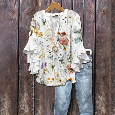 Digital printing casual trend V-neck lotus edge T-shirt women's m302725-2