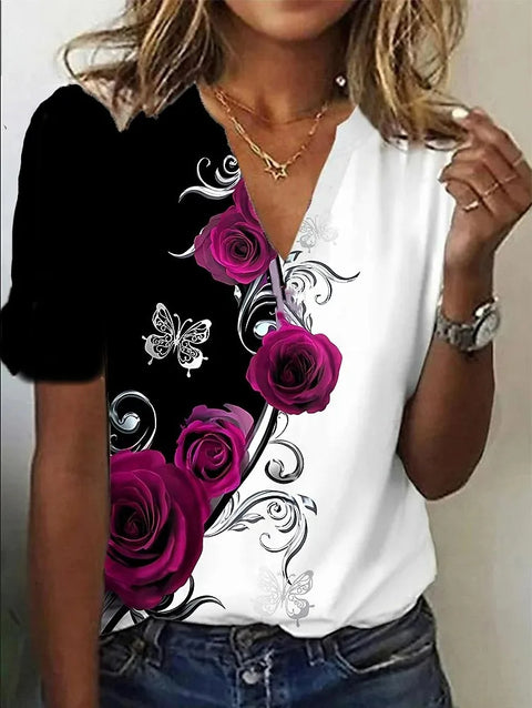 Faux cotton short-sleeve V-neck printed women's wear m303193