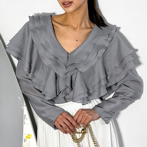 French niche V-neck ruffle leaf edge backless long-sleeved shirt temperament casual versatile European and American style m301820