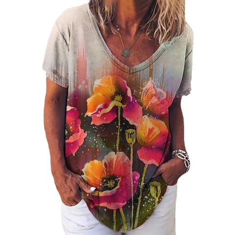 Faux cotton short-sleeve V-neck printed women's wear m303193