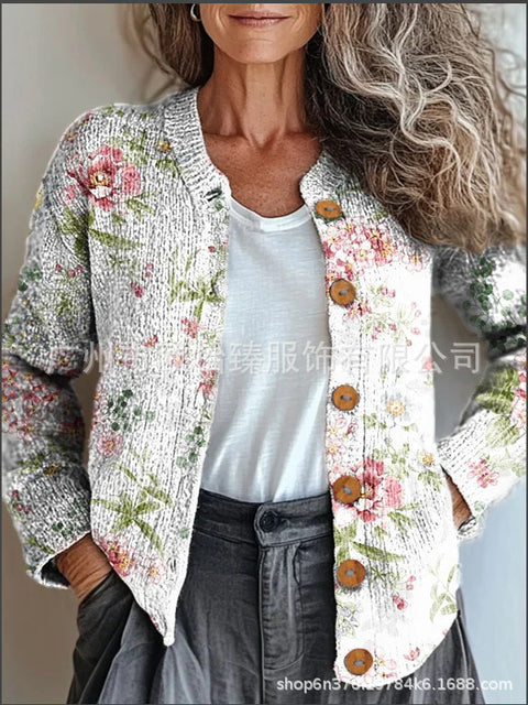 Autumn new colorful warm sunshine flower sea printed button cardigan m301725