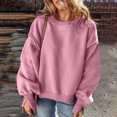 Splicing design hem irregular loose plush sweater top women m301914