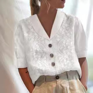 women's V-neck loose casual five-quarter sleeve embroidered top m301713