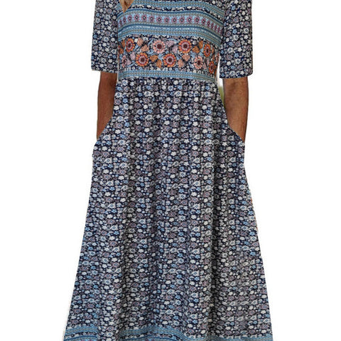 Damen Rundhals Kurzarm Langes Kleid Bohemian Kleid m302895