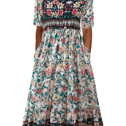 Damen Rundhals Kurzarm Langes Kleid Bohemian Kleid m302895