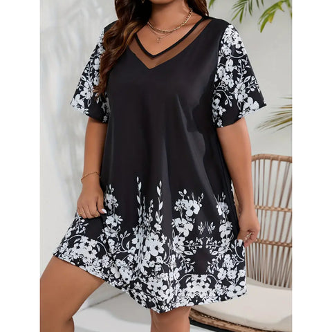 Lockeres, bequemes und lässiges Kurzarmkleid aus bedrucktem Netzstoff mit Nähten M300199 