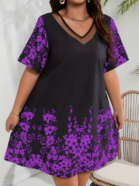 Lockeres, bequemes und lässiges Kurzarmkleid aus bedrucktem Netzstoff mit Nähten M300199 