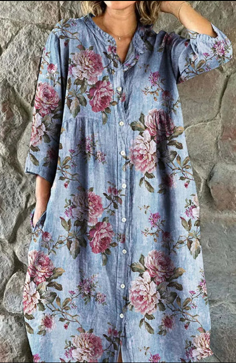 Women's Loose Crew Neck Fashion Premium Long Sleeve Printed Shirt Dress m301050