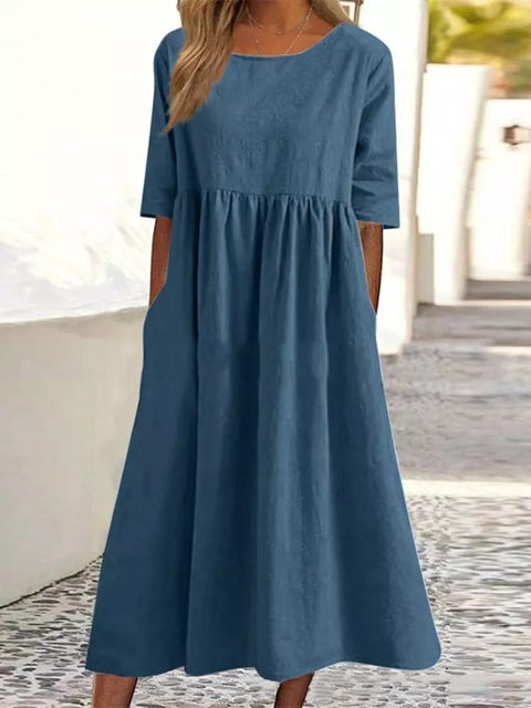 New cotton and linen casual short-sleeved pocket pleated loose round neck dress m300890