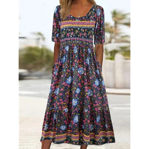 Damen Rundhals Kurzarm Langes Kleid Bohemian Kleid m302895