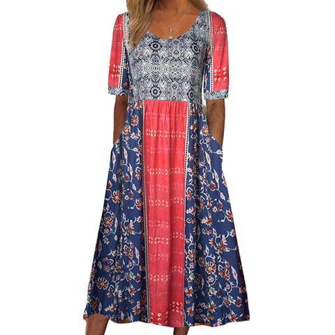 Damen Rundhals Kurzarm Langes Kleid Bohemian Kleid m302895