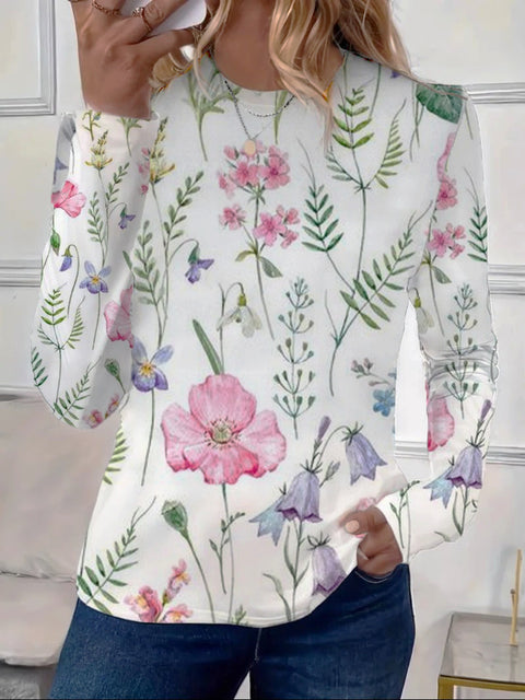 Women's Loose Fashion Retro Classic Printed Crew Neck Long Sleeve T-Shirt m301237