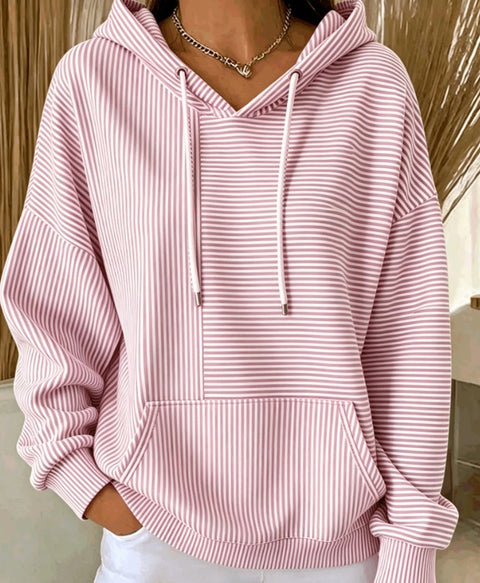 New loose casual striped splicing drawstring hooded sweater m303006